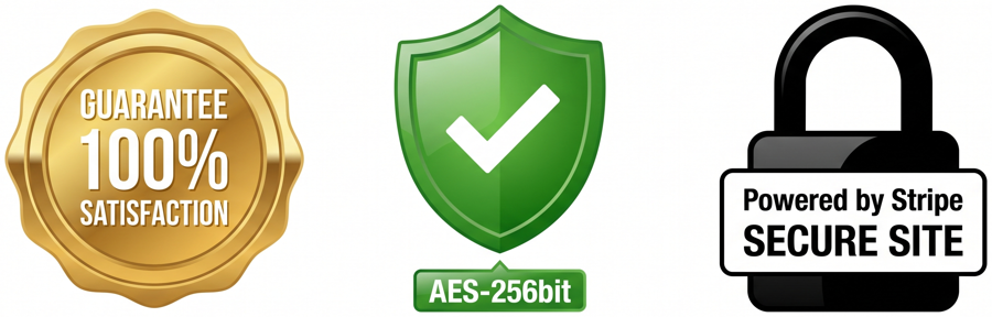 100% satisfaction guarantee, AES 256-bit, powered by Stripe secure site